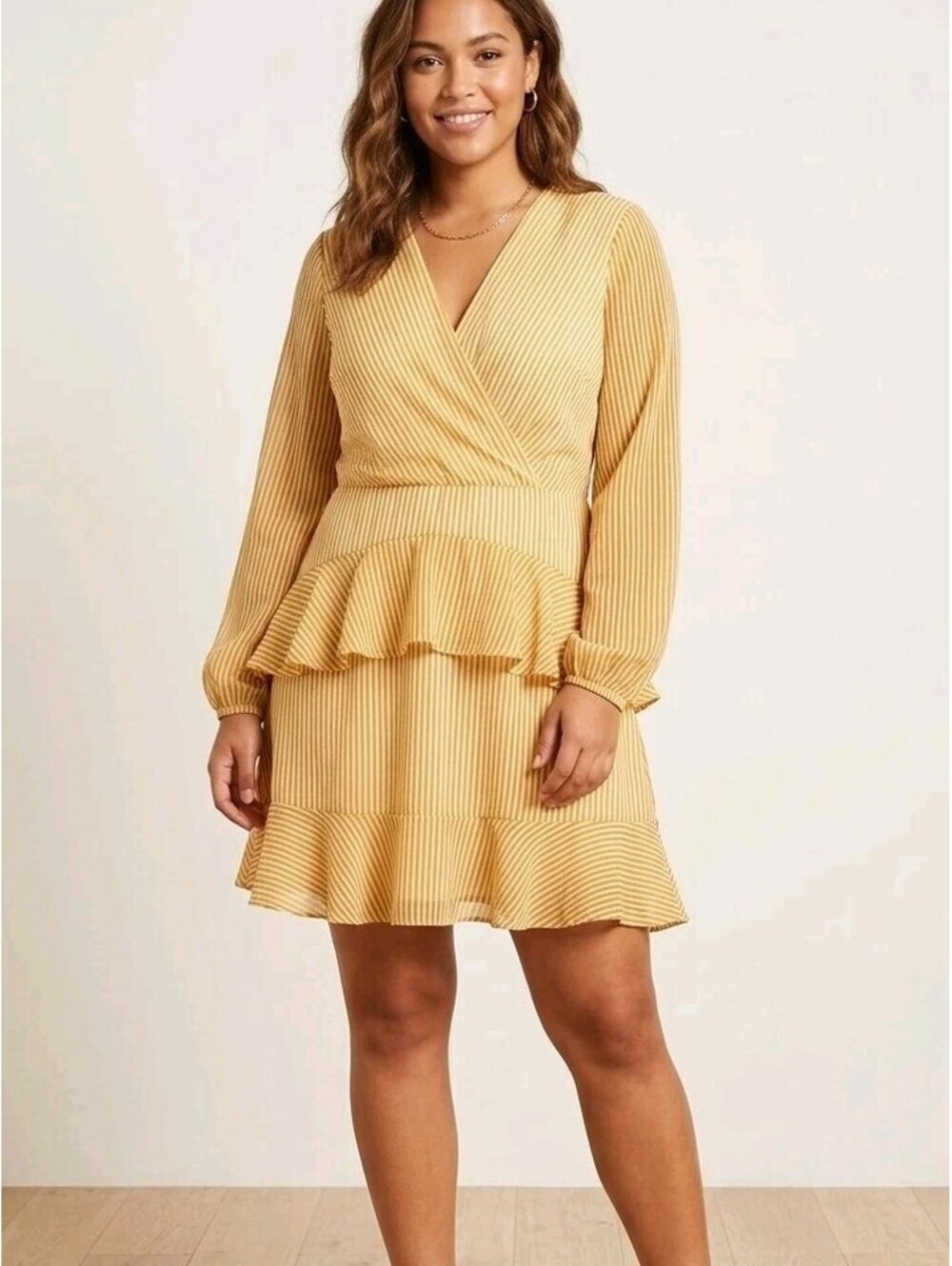 Leith Dress Womens L Yellow Stripe Wrap Long Sleeve Ruffle Hem Chiffon Mini